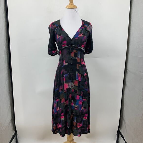 Plenty Tracy Reese Midi Dress XSP Petite Back Zip Round Buttons Puff Sleeve Geo - Picture 2 of 16